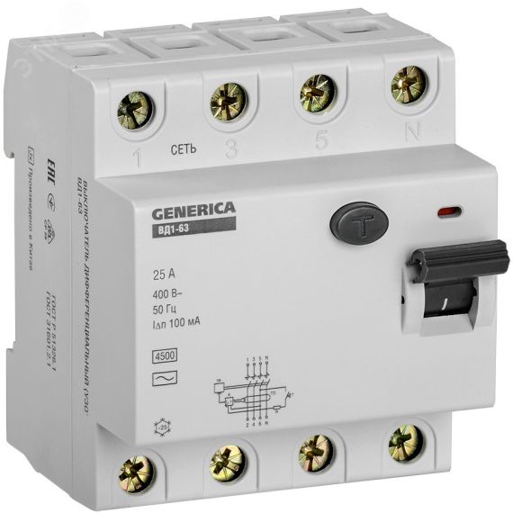 УЗО ВД1-63 4Р 25А 100мА GENERICA IEK MDV15-4-025-100