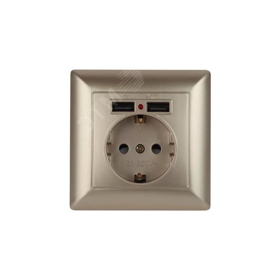 Розетка P+E Schuko со шторками, 16А-250В + 2хUSB, IP20, СУ, Solo, шампань, 4-410-04 ЭРА Б0043406