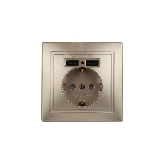 Розетка Intro Plano 1-410-04 с заземлением 2P+E Schuko со шторками, 16А-250В + 2хUSB 5В-2,1А, IP20, СУ, шампань ЭРА Б0053945
