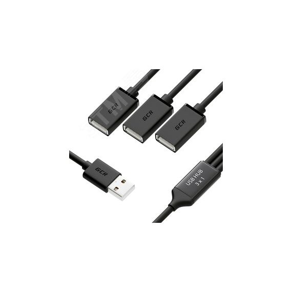 Хаб USB 2.0 на 3 порта, 1.2 м., гибкий, черный Greenconnect GCR-52356