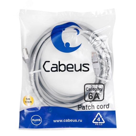 Патч-корд S/FTP, категория 6а (10G), 2xRJ45/8p8c, экранированный, серый, LSZH, 5м Cabeus PC-SSTP-RJ45-Cat.6a-5m-LSZH