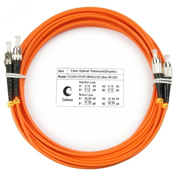 Шнур оптический duplex 15м FC-ST 62,5/125 мм LSZH Cabeus FOP-62-FC-ST-15m