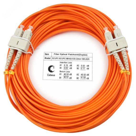 Шнур оптический duplex 15м SC-SC 62,5/125 мм LSZH Cabeus FOP-62-SC-SC-15m