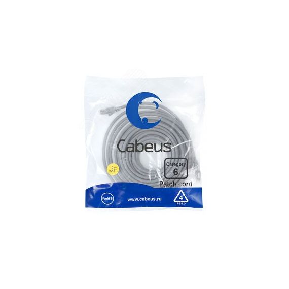 Патч-корд U/UTP, категория 6, 2xRJ45/8p8c, неэкранированный, серый, PVC, 10м Cabeus PC-UTP-RJ45-Cat.6-10m