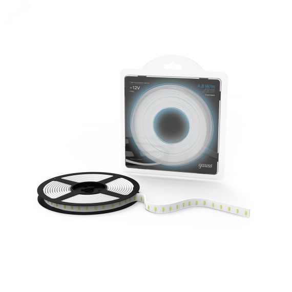 Лента светодиодная LED 2835/60-SMD 4,8 Вт/м 210 Лм/м 6500К холодный IP66 12 В DC 8 мм (блистер 5 м) Black Gauss 311000305