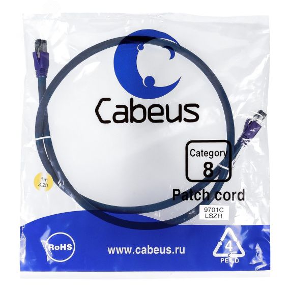 Патч-корд S/FTP, категория 8 (40G, 2000 MHz), 2xRJ45/8p8c, экранированный, синий, LSZH, 1 м Cabeus PC-SSTP-RJ45-Cat.8-1m-LSZH
