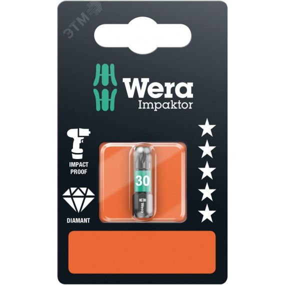 Бита ударная 867/1 IMP DC Impaktor TORX SB алмазное покрытие хвостовик 1/4 C 6.3 TX 30 x 25 мм с держателем-еврослот WERA WE-073926