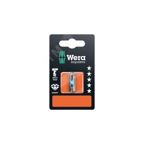 Бита ударная под внутренний шестигранник 840/1 IMP DC Impaktor Hex-Plus SB алмазное покрытие хвостовик шестигранный 1/4 C 6.3 6 x 25 мм с держателем-е WERA WE-073906