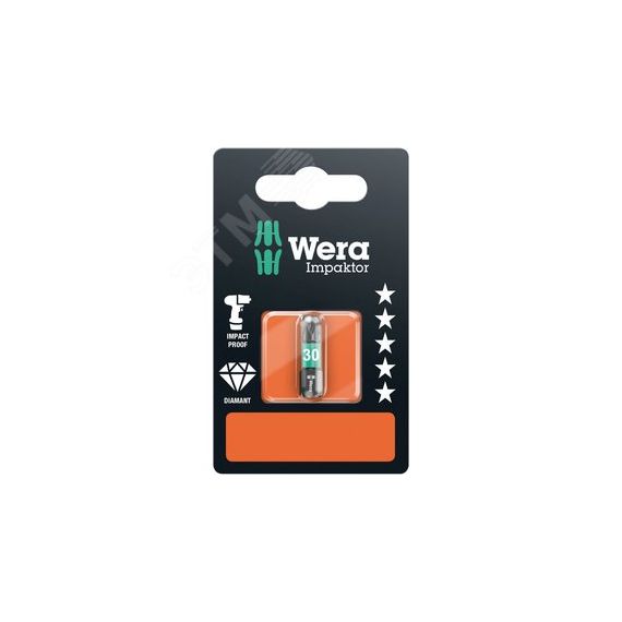 Бита ударная 867/1 IMP DC Impaktor TORX SB алмазное покрытие хвостовик 1/4 C 6.3 TX 30 x 25 мм с держателем-еврослот WERA WE-073926