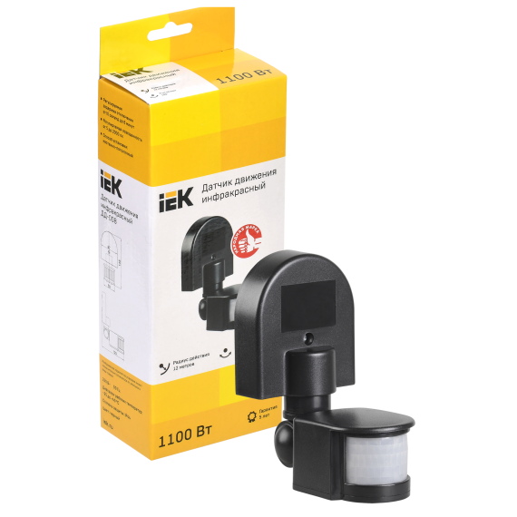 Датчик движения ДД-008 1100Вт 180град 12м IP44 черный IEK