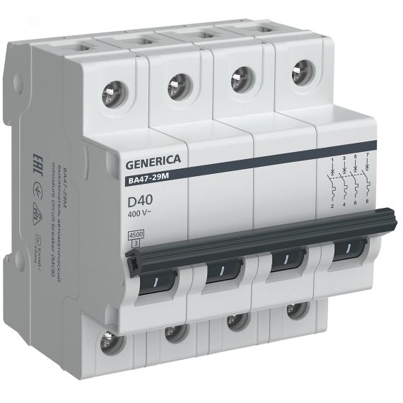 Автоматический выключатель ВА47-29М 4P 40А 4,5кА D GENERICA IEK MVA21-4-040-D-G