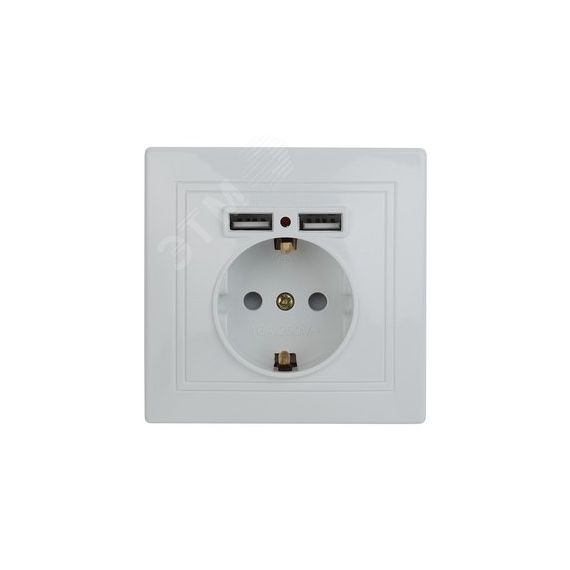 Розетка Intro Plano 1-410-01 с заземлением 2P+E Schuko со шторками, 16А-250В + 2хUSB 5В-2,1А, IP20, СУ, белый ЭРА Б0053942
