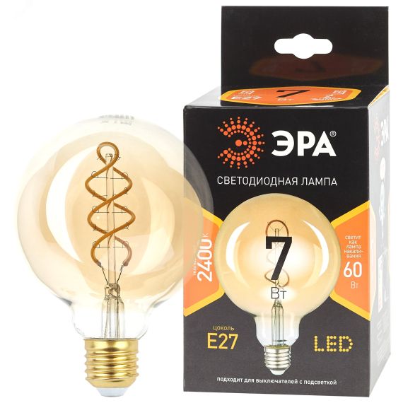 Лампа светодиодная филаментная F-LED G95-7W-824-E27 spiral gold (филамент, шар спир зол, 7Вт, тепл, E27) (20/560) ЭРА Б0047663