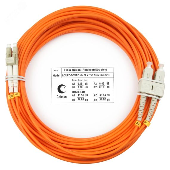 Шнур оптический duplex 10м LC-SC 62,5/125 мм LSZH Cabeus FOP-62-LC-SC-10m