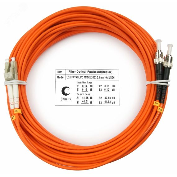 Шнур оптический duplex 10м LC-ST 62,5/125 мм LSZH Cabeus FOP-62-LC-ST-10m