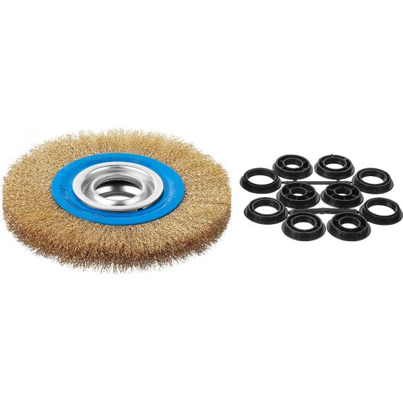 Щетка дисковая для точильно-шлифовального станка, витая стальная латунирован проволока 0,3мм, 150х32мм ''Профессионал''. ЗУБР 35186-150_z01