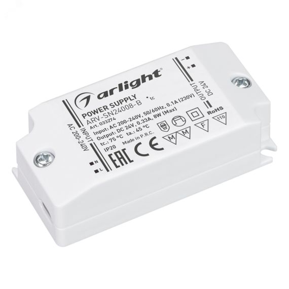 Блок питания ARV-SN24008-B (24V, 0.33A, 8W) (, IP20 Пластик, 3 года) Arlight 033274