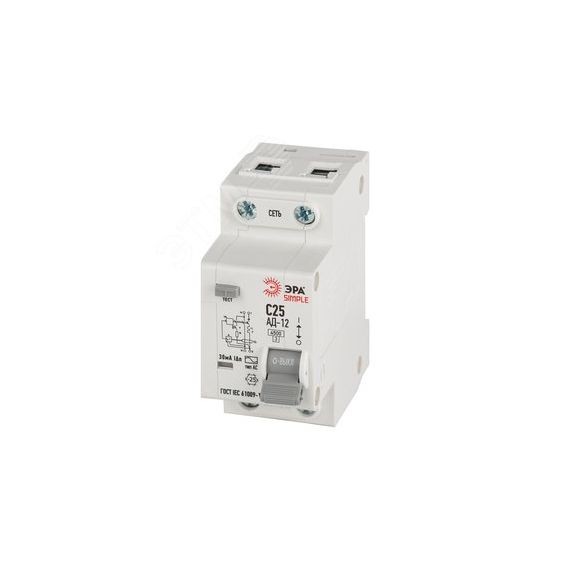 Выключатель автоматический дифференциальный электронный АВДТ 4,5кА SIMPLE D12E2C25AC30 АД-12 1P+N С25 30мА тип АС ЭРА Б0058922
