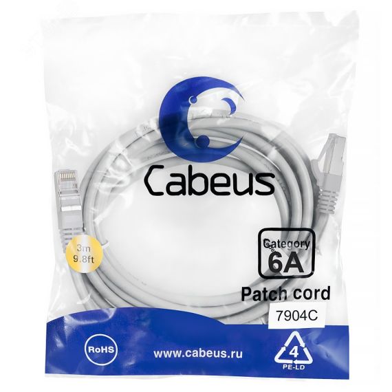 Патч-корд S/FTP, категория 6а (10G), 2xRJ45/8p8c, экранированный, серый, LSZH, 3м Cabeus PC-SSTP-RJ45-Cat.6a-3m-LSZH