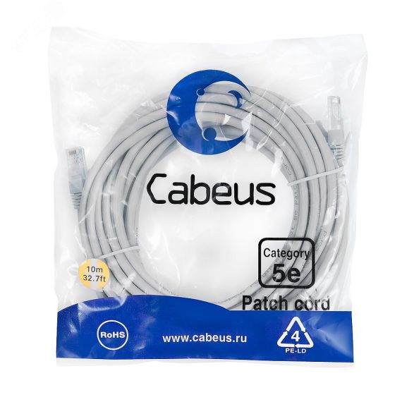 Патч-корд U/UTP, категория 5е, 2xRJ45/8p8c, неэкранированный, серый, PVC, 10м Cabeus PC-UTP-RJ45-Cat.5e-10m
