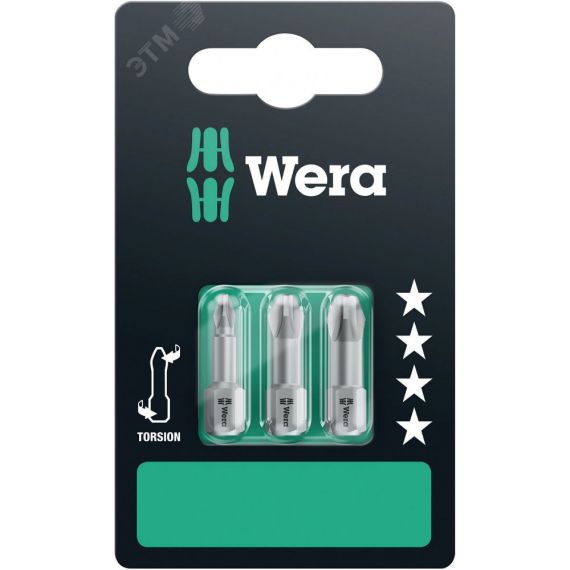 Бита торсионная 851/1 TZ PH SB вязкая твердость хвостовик 1/4 C 6.3 3 шт PH 1x25 PH 2x25 PH 3x25 с держателем-еврослот WERA WE-073326