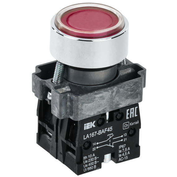 Кнопка управления LA167-BAF45 d=22мм 1NO+1NC красная IEK