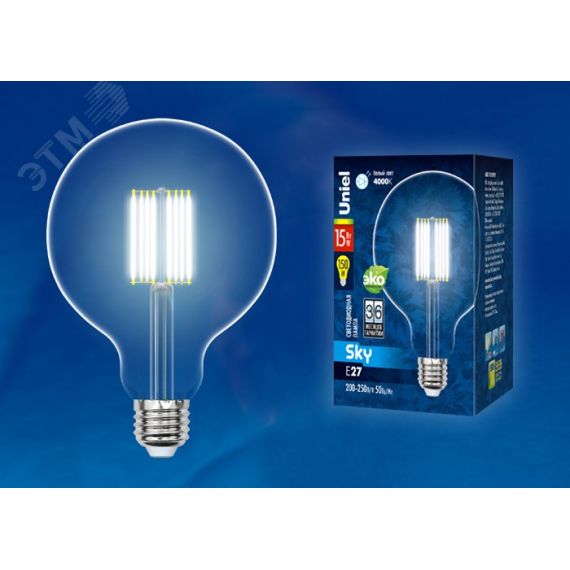 Лампа светодиодная. Форма ''шар'', прозрачная.  Sky. (4000K). Картон. Uniel LED-G125-15W/4000K/E27/CL PLS02WH