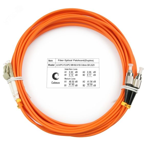 Шнур оптический duplex 5м LC-FC 62,5/125 мм LSZH Cabeus FOP-62-LC-FC-5m
