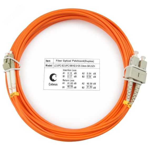 Шнур оптический duplex 5м LC-SC 62,5/125 мм LSZH Cabeus FOP-62-LC-SC-5m