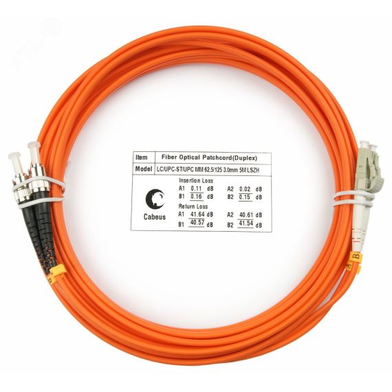 Шнур оптический duplex 5м LC-ST 62,5/125 мм LSZH Cabeus FOP-62-LC-ST-5m
