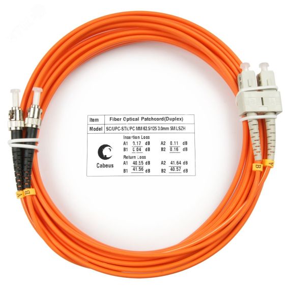 Шнур оптический duplex 5м SC-ST 62,5/125 мм LSZH Cabeus FOP-62-SC-ST-5m