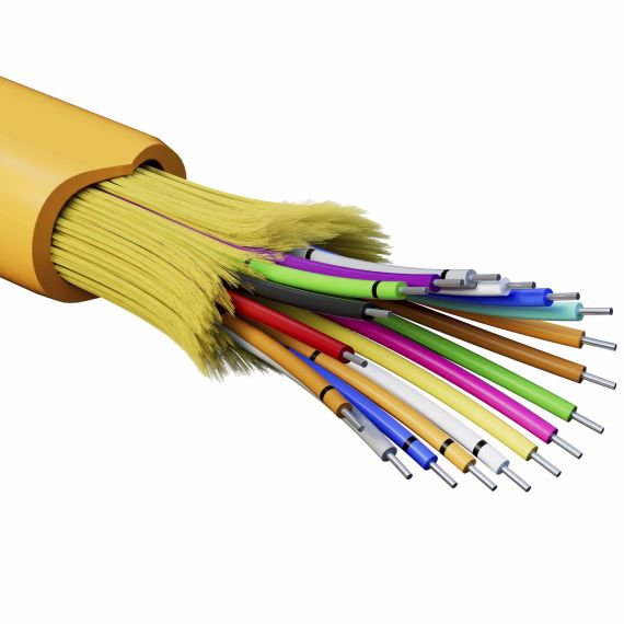 Кабель волоконно-оптический, распределительный, арамидные упрочняющие нити, для внутренней прокладки, нг(A)-HFLTx, 18 ОВ, категория OM2 (G.651.1) плотный буфер, 0,4 кН, барабан 2000 м