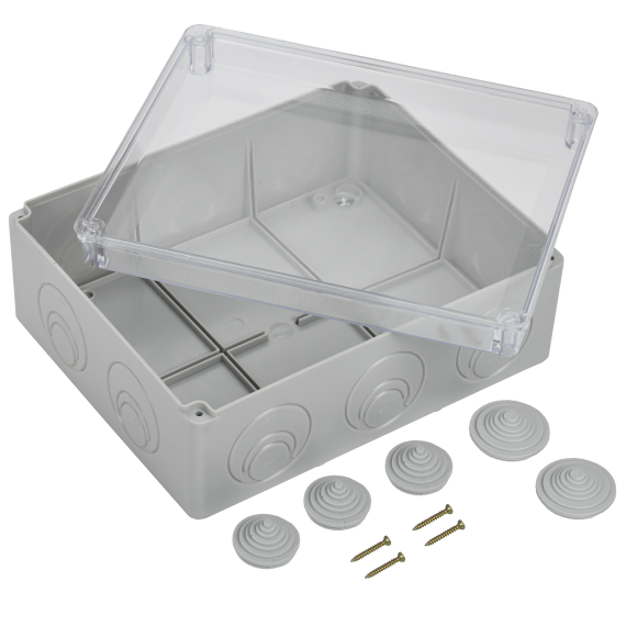 Коробка распаячная КМ41275 для открытой проводки безгалогенная (HF) 240х195х90мм с прозрачной крышкой IP44 5 вводов RAL 7035 IEK Коробка распаячная КМ41275 для открытой проводки безгалогенная (HF) 240х195х90мм с прозрачной крышкой IP44 5 вводов RAL 7035 IEK