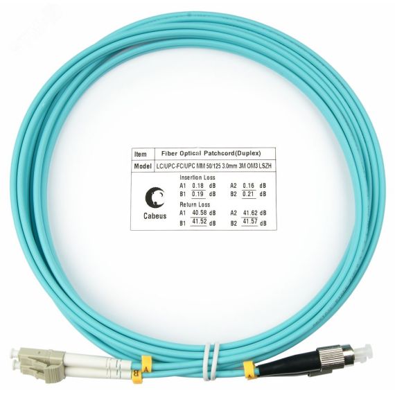 Шнур оптический duplex 3м LC-FC 50/125 мм OM3 LSZH Cabeus FOP-50-LC-FC-3m