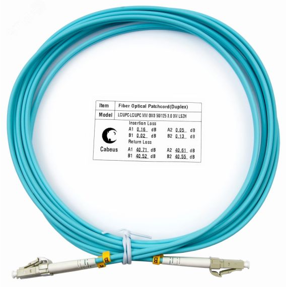 Шнур оптический duplex 3м LC-LC 50/125 мм OM3 LSZH Cabeus FOP-50-LC-LC-3m