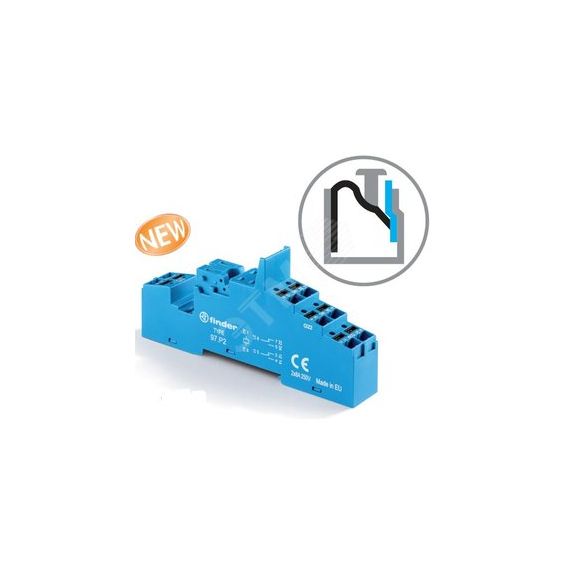 Розетка с безвинтовыми клеммами Push-in для реле 46.52, применяются модули 86.30, 99.02, в комплекте металлическая клипса 097.71, версия: синий цвет FINDER 97.P2SMA