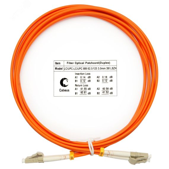 Шнур оптический duplex 3м LC-LC 62,5/125 мм LSZH Cabeus FOP-62-LC-LC-3m