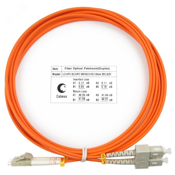 Шнур оптический duplex 3м LC-SC 62,5/125 мм LSZH Cabeus FOP-62-LC-SC-3m