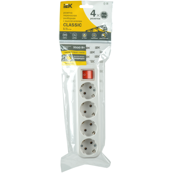 Розетка переносная разборная с заземлением с выключателем К04В 4 места CLASSIC IEK