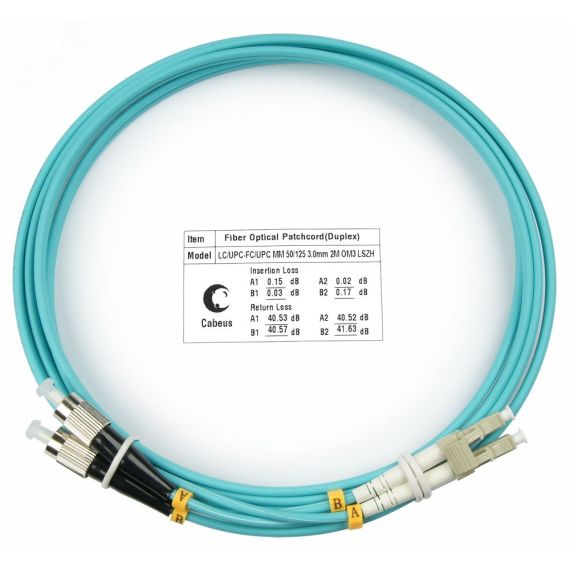Шнур оптический duplex 1,5м LC-FC 50/125 мм OM3 LSZH Cabeus FOP-50-LC-FC-1,5m