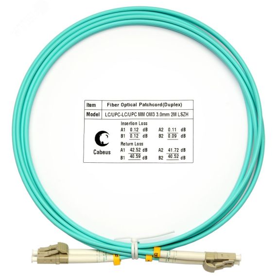 Шнур оптический duplex 2м LC-LC 50/125 мм OM3 LSZH Cabeus FOP-50-LC-LC-2m
