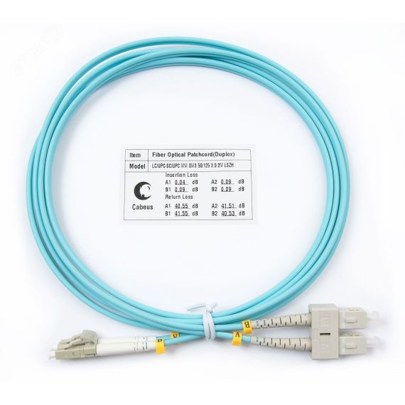 Шнур оптический duplex 1,5м LC-SC 50/125 мм OM3 LSZH Cabeus FOP-50-LC-SC-1,5m