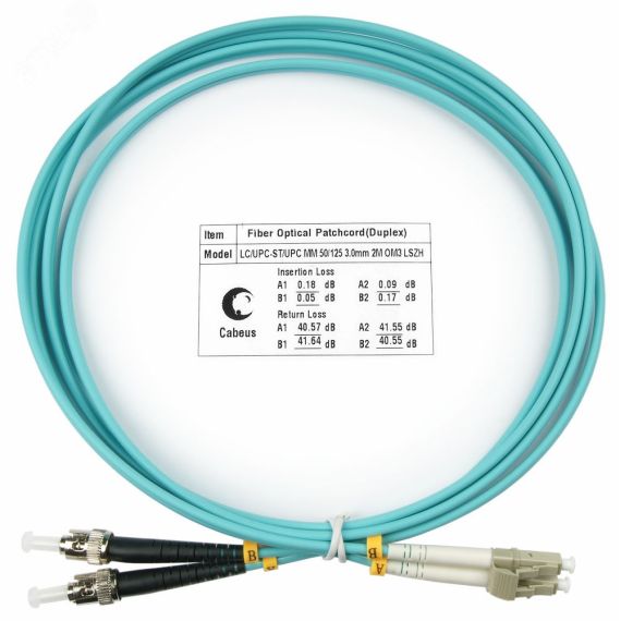 Шнур оптический duplex 2м LC-ST 50/125 мм OM3 LSZH Cabeus FOP-50-LC-ST-2m