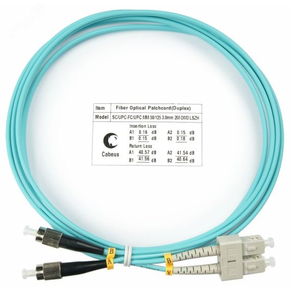 Шнур оптический duplex 1,5м SC-FC 50/125 мм OM3 LSZH Cabeus FOP-50-SC-FC-1,5m