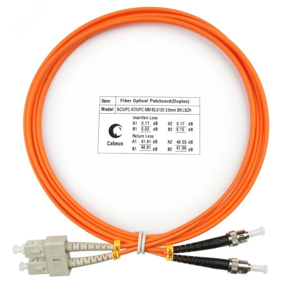 Шнур оптический duplex 2м SC-ST 62,5/125 мм LSZH Cabeus FOP-62-SC-ST-2m
