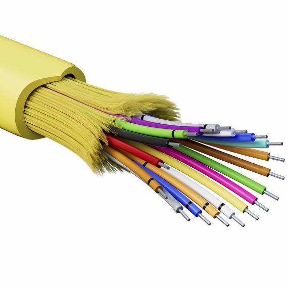 Кабель волоконно-оптический, распределительный, арамидные упрочняющие нити, для внутренней прокладки, нг(А)-HF, 18 ОВ, категорияOS2 (G.652.D) плотный буфер, 0,4 кН, барабан 500 м