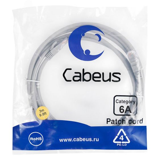 Патч-корд U/UTP, категория 6а (10G), 2xRJ45/8p8c, неэкранированный, серый, LSZH, 3м Cabeus PC-UTP-RJ45-Cat.6a-3m-LSZH