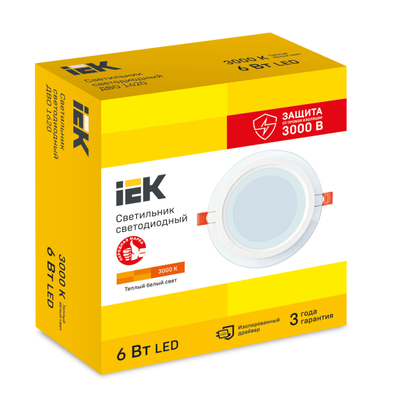 Светильник светодиодный ДВО 1620 со стеклом круг 6Вт 3000К IP20 IEK