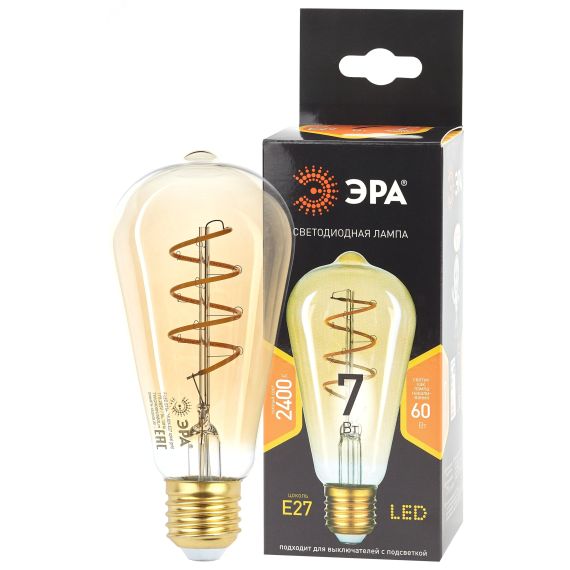 Лампа светодиодная филаментная F-LED ST64-7W-824-E27 spiral gold (филамент, спир зол, 7Вт, тепл, E27) (20/960) ЭРА Б0047665