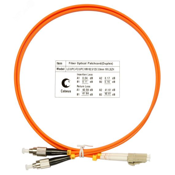 Шнур оптический duplex 1м LC-FC 62,5/125 мм LSZH Cabeus FOP-62-LC-FC-1m